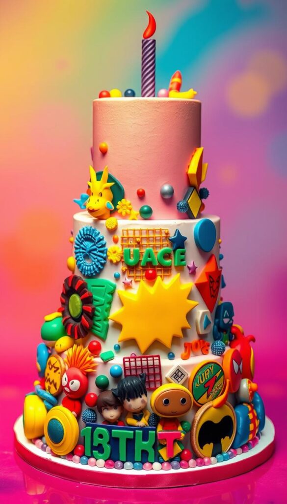 A vibrant, pop culture-inspired birthday cake, showcasing a mix of iconic characters and symbols. The towering confection features a smooth fondant exterior, adorned with bold, colorful accents. In the foreground, a kaleidoscope of recognizable pop culture icons stand out, ranging from comic book heroes to retro video game characters, all rendered in a playful, stylized manner. The middle ground presents a dynamic arrangement of textured elements, such as pixelated patterns, neon-tinged geometric shapes, and metallic accents, adding depth and visual interest. The background subtly blends a gradient of vivid hues, creating a lively, energetic atmosphere that complements the cake's playful theme. Overhead, soft, directional lighting casts a warm glow, highlighting the intricate details and creating a sense of celebration.