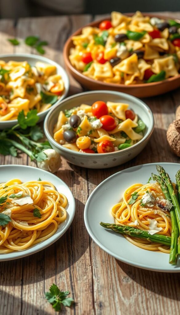 A vibrant spring-inspired scene, showcasing a variety of fresh pasta dishes on a rustic wooden table. In the foreground, a plate of linguine tossed with zesty lemon, garlic, and fresh herbs, accompanied by a side of roasted asparagus. In the middle ground, a bowl of penne pasta in a creamy, herb-infused sauce, sprinkled with shredded parmesan. In the background, a platter of colorful farfalle pasta salad, with cherry tomatoes, olives, and a light vinaigrette dressing. Soft, natural lighting illuminates the scene, creating a warm and inviting atmosphere, perfect for a casual spring gathering. The composition is well-balanced, with a focus on the vibrant colors and textures of the various pasta dishes.