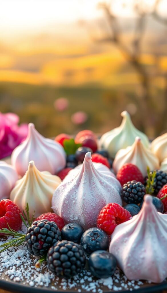A vibrant still life of delicate springtime sweets in a serene, natural setting. In the foreground, a selection of light, airy meringues in pastel hues of pink, mint, and lemon. Dusted with powdered sugar, they create a sense of airiness and delicacy. In the middle ground, a scattering of fresh berries - plump raspberries, juicy blackberries, and glistening blueberries - nestled among delicate sprigs of greenery. The background features a soft, out-of-focus landscape of rolling hills, with a warm golden glow filling the frame, conveying the gentle ambiance of a spring afternoon. Captured with a shallow depth of field, the image invites the viewer to savor the ephemeral, fleeting nature of these springtime sweets.