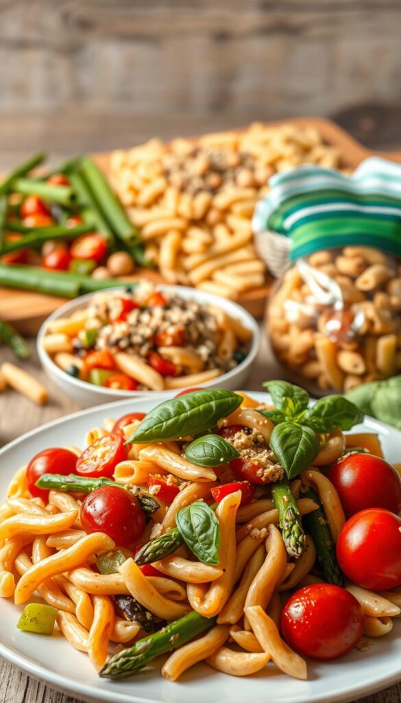 A vibrant still life of healthy spring pasta dishes, captured in natural light with a soft, warm tone. In the foreground, a plate of whole wheat pasta tossed with sautéed asparagus, cherry tomatoes, and fresh basil. In the middle ground, a bowl of quinoa pasta salad with roasted vegetables, chickpeas, and a light lemon vinaigrette. In the background, a wooden board displaying a variety of whole grain penne, farfalle, and orecchiette. The scene is framed by a rustic, earthy backdrop, suggesting the use of seasonal, locally-sourced ingredients. An inviting, nourishing spread that celebrates the vibrant flavors of spring.