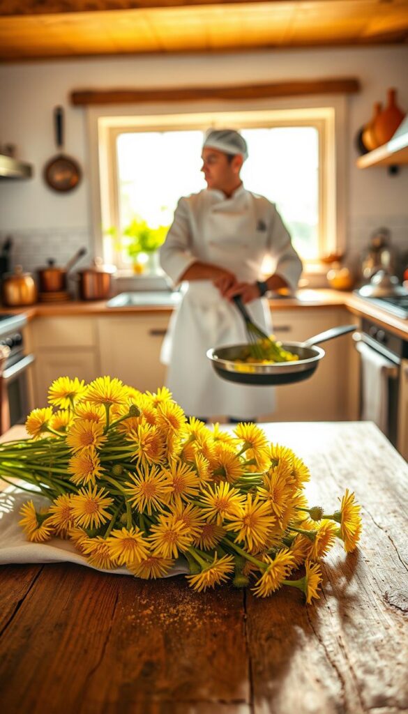 A vibrant, sun-dappled kitchen scene, showcasing the culinary potential of dandelion flowers. In the foreground, a wooden table is layered with a crisp white linen, upon which rests a bountiful arrangement of freshly harvested dandelion blossoms, their bright yellow petals radiant against the natural textures. In the middle ground, a chef in a pristine white apron stands, hands skillfully working to incorporate the delicate flowers into a sizzling pan, the aroma of sautéed dandelions wafting through the air. The background features a spacious, well-appointed kitchen, filled with gleaming copper pots and pans, and illuminated by warm, golden light streaming through large windows. The overall atmosphere is one of rustic elegance, inviting the viewer to experience the delightful culinary possibilities of this ubiquitous yet versatile wild ingredient.