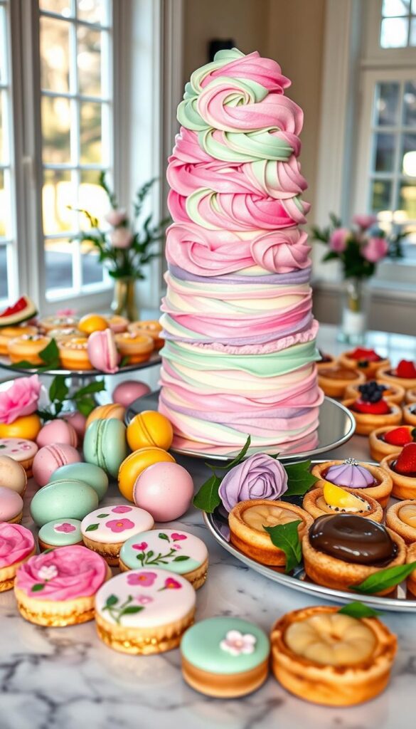 A vibrant tableau of decadent desserts, artfully arranged on a marble countertop. In the foreground, a towering layer cake adorned with swirls of vibrant buttercream frosting in pastel hues of pink, lavender, and mint. Surrounding it, an assortment of delicate macarons, their smooth shells reflecting the soft, diffused light. In the middle ground, a platter of hand-painted sugar cookies, their designs inspired by spring flora - delicate blossoms and leafy vines. In the background, a cluster of colorful fruit tarts, their glossy glazed surfaces catching the warm glow of the sun filtering through large windows. The overall scene exudes a sense of harmony, creativity, and the joyful celebration of the season.