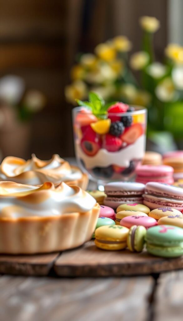 A vibrant, visually stunning array of springtime desserts, artfully arranged on a rustic wooden table. In the foreground, a delicate lemon meringue tart with a golden, fluffy topping. Beside it, a refreshing berry parfait layered with vibrant fruit and creamy yogurt, topped with a sprig of fresh mint. In the middle ground, a dazzling array of colorful macarons in pastel hues, each one a miniature work of edible art. The background is softly blurred, providing a sense of depth and focus on the delectable treats. The lighting is soft and natural, casting a warm, inviting glow over the scene. The overall atmosphere is one of springtime delight and culinary inspiration.