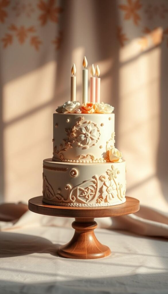 A vintage-inspired, modern birthday cake set against a soft, warm-toned background. In the foreground, a mouthwatering three-tier cake adorned with delicate, hand-piped floral details, intricate geometric patterns, and a subtle metallic luster. Atop the cake, a cluster of whimsical, candle-like elements in pastel hues. The middle ground features a minimalist, yet elegant, wooden cake stand, casting subtle shadows. In the background, a softly blurred, neutral-toned backdrop, evocative of a sun-dappled studio setting, with hints of textured surfaces. Soft, directional lighting casts gentle shadows, accentuating the cake's dimensional details and creating an inviting, celebratory atmosphere.