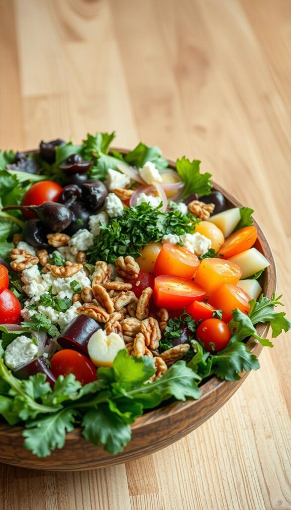 A well-lit, beautifully composed image of a revamped salad featuring a variety of fresh, vibrant ingredients. In the foreground, an assortment of leafy greens, crisp vegetables, and juicy fruits are artfully arranged in a large, rustic wooden bowl. The middle ground showcases an array of freshly chopped herbs, toasted nuts, and crumbled feta cheese, adding pops of color and texture. In the background, a natural wood table or countertop provides a simple, earthy backdrop, with soft, natural lighting illuminating the scene. The overall atmosphere is one of freshness, health, and culinary inspiration, inviting the viewer to create their own delicious and nutritious summer salad.