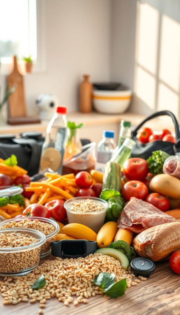 A well-lit, high-quality photograph featuring a selection of healthy, nutritious foods commonly consumed by young athletes. The foreground showcases a variety of whole grains, lean proteins, fresh fruits and vegetables, and hydrating beverages like water and sports drinks. The middle ground includes a fitness tracker, a stopwatch, and a sports bag, emphasizing the active lifestyle of the young athletes. The background depicts a clean, modern kitchen or dining area, with bright natural lighting casting a warm, inviting atmosphere. The overall composition conveys the importance of a balanced, athlete-focused diet to support physical performance and recovery.