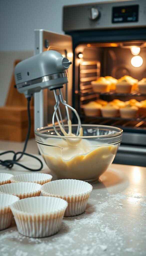 A well-lit kitchen counter, the surface dusted with flour. In the foreground, a row of pristine white cupcake liners await freshly baked vanilla treats. Beside them, a mixing bowl overflows with a silky smooth batter, flecked with fragrant vanilla bean. A hand-held electric mixer whirs, blending the ingredients with precision. In the background, an oven door stands ajar, revealing golden-brown cupcakes rising to perfection, their aroma wafting through the air. The scene is bathed in warm, diffused lighting, capturing the comforting, homemade atmosphere of the baking process step-by-step.