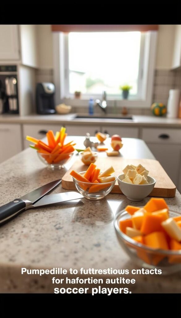 A well-lit kitchen counter, with various snack preparation tools neatly arranged: a cutting board, a chef's knife, small bowls filled with prepared ingredients like carrot sticks, apple slices, and cheese cubes. In the background, a window lets in soft, natural light, creating a warm, inviting atmosphere. The image conveys a sense of organization, attention to detail, and a focus on providing healthy, nutritious snacks for active young soccer players.