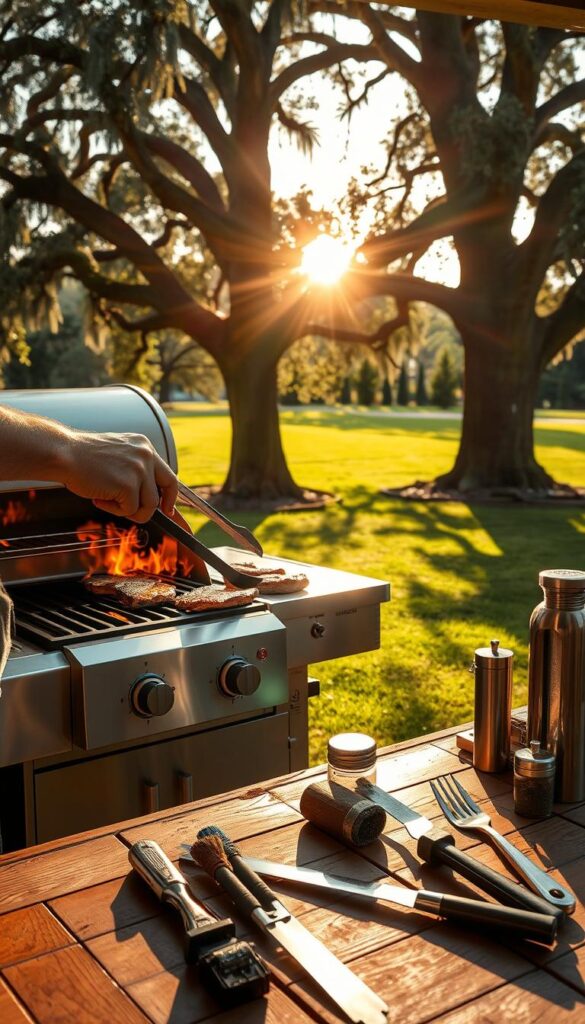 A well-lit outdoor kitchen scene, the sun's golden rays casting a warm glow over a gleaming gas grill. In the foreground, a skilled chef expertly maneuvers tongs, precisely searing juicy steaks over intense flames. The middle ground showcases a variety of grilling tools - charcoal briquettes, basting brushes, and seasoning shakers - neatly arranged on a sturdy wooden table. In the background, a lush green lawn and towering oak trees provide a serene natural backdrop, creating an inviting atmosphere for al fresco dining. The overall image conveys the art of grilling, highlighting the techniques and equipment necessary for achieving perfectly cooked, mouthwatering results.