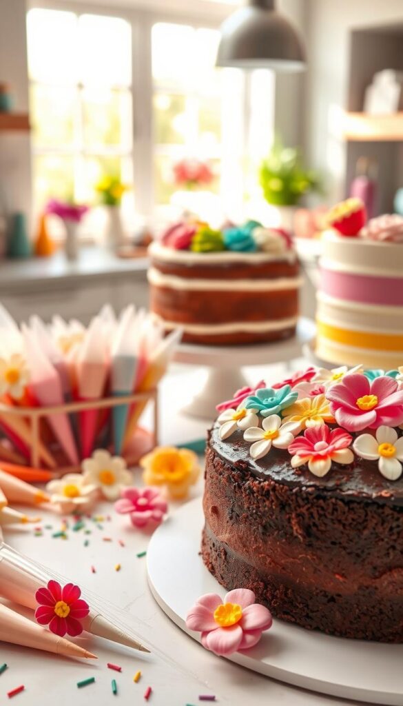 A whimsical, colorful scene of creative cake decorating techniques. In the foreground, a selection of delicate fondant flowers and intricate piped buttercream designs adorn a luscious chocolate cake. The middle ground features an array of tools and ingredients - piping bags, food coloring, sprinkles, and a variety of cake-decorating tips. In the background, a bright, airy kitchen with natural light cascading through large windows, highlighting the textures and vibrant hues of the cakes and decorations. The overall mood is one of inspiration, artistry, and a sense of culinary delight. Shot with a shallow depth of field, using a 50mm lens for a warm, inviting perspective.