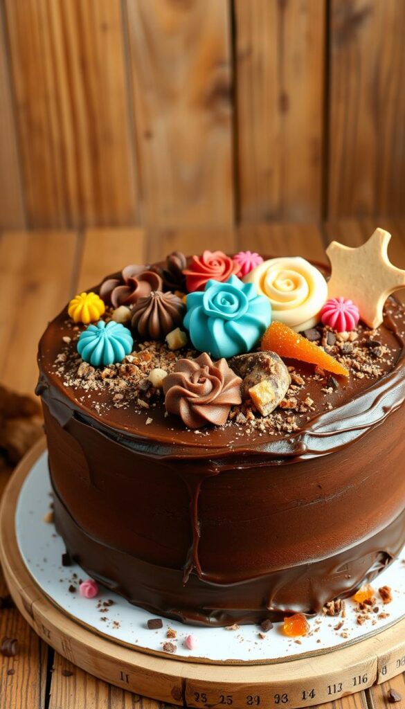 An elaborately decorated homemade chocolate cake, adorned with various DIY elements. The luscious cake stands prominently in the center, its rich chocolate frosting smoothly enveloping the layers. Scattered atop the cake are vibrant, handcrafted decorations - delicate swirls of colored chocolate, artfully piped rosettes, and glistening shards of caramelized sugar. In the background, a rustic wooden surface provides a natural, textured backdrop, complementing the handmade charm of the dessert. Soft, warm lighting casts a cozy, inviting glow, highlighting the intricate details and the rich, decadent appearance of the "DIY Chocolate Cake Designs".