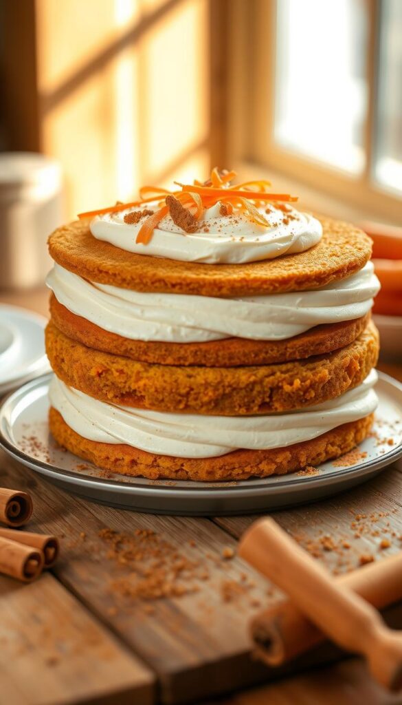 Assembling Carrot Cake Layers: A luscious, golden carrot cake sits atop a wooden surface, its layers carefully stacked and ready to be decorated. Soft, moist sponges of carrot-infused cake are separated by thick, creamy layers of tangy cream cheese frosting, creating a visually striking and tempting display. Warm, natural lighting casts a gentle glow, highlighting the cake's intricate textures and vibrant orange hues. Delicate carrot shavings and a dusting of ground cinnamon add the final touches, inviting the viewer to indulge in this irresistible homemade treat.