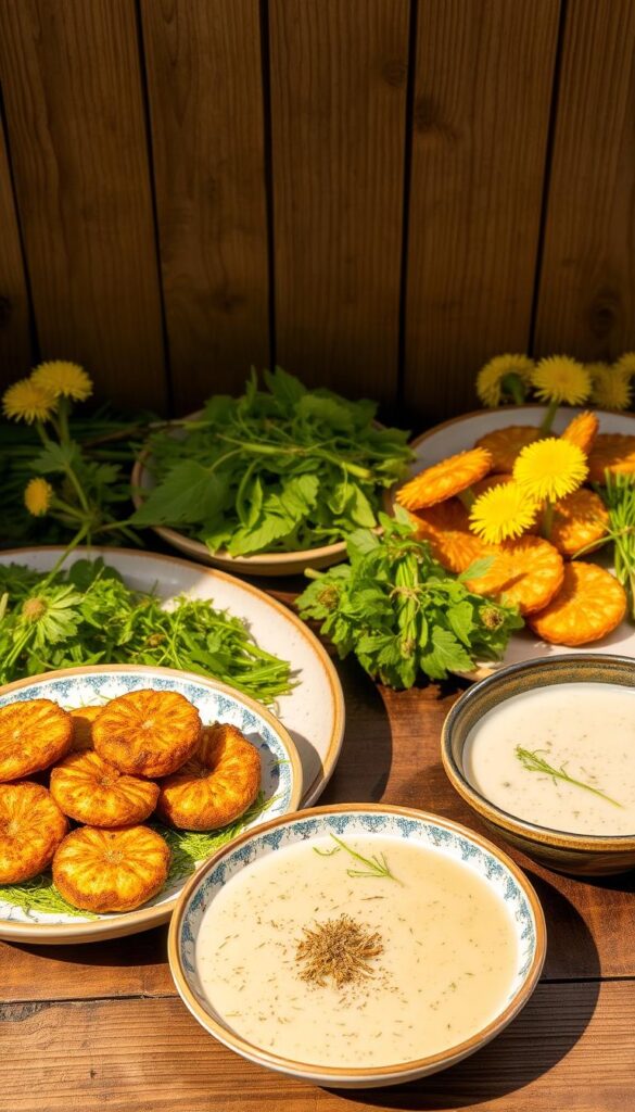 Beautifully plated assortment of dandelion dishes, including crisp dandelion greens salad, dandelion flower fritters, and dandelion root soup, presented against a rustic wooden backdrop. Warm natural lighting casts a golden glow, highlighting the vibrant colors and textures of the carefully curated culinary creations. A sense of harmony and appreciation for the versatility of this humble weed permeates the scene, inviting the viewer to savor the unexpected delights of transforming common plants into delectable delicacies.