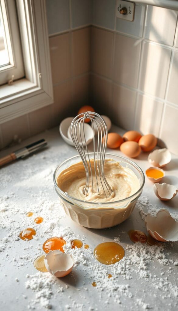 Cupcake batter mistakes: a messy countertop strewn with spilled flour, cracked eggs, and a whisk half-submerged in a bowl of lumpy, uneven batter. Haphazard splashes of vanilla and sugar dot the scene, creating a sense of culinary chaos. Soft, natural lighting from a window casts gentle shadows, highlighting the imperfections and capturing the moment before the baker can salvage their creation. The composition emphasizes the foreground clutter, with the batter taking center stage, surrounded by the tools of the trade. An atmospheric shot that conveys the common pitfalls of homemade cupcake baking.