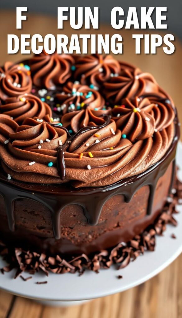 Delectable chocolate cake with artfully crafted decorations, capturing the essence of fun and creativity. Intricate swirls of rich buttercream frosting, adorned with shimmering chocolate drizzle and festive sprinkles. A skillfully placed chocolate shavings border frames the cake, hinting at the indulgent flavors within. Soft, indirect lighting casts a warm, inviting glow, while a high-angle perspective showcases the cake's luscious textures and clever decorative techniques. This visually stunning dessert embodies the spirit of "Fun Cake Decorating Tips," inspiring imaginative ways to elevate a simple chocolate cake into a delightful, Instagram-worthy treat.
