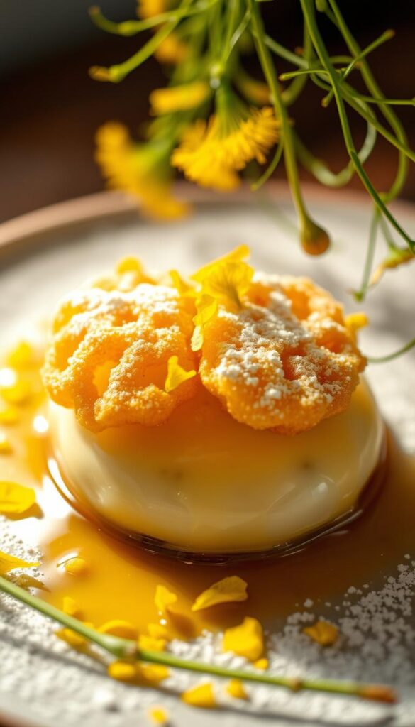 Delicate dandelion fritters nestled atop a bed of creamy vanilla custard, garnished with golden petals and a dusting of powdered sugar. The dessert is illuminated by soft, warm lighting, casting a cozy, inviting glow. The scene is captured from a low, intimate angle, drawing the viewer in to savor the intricate textures and vibrant colors. Wispy dandelion greens cascade in the background, hinting at the natural origins of this innovative, artisanal treat.