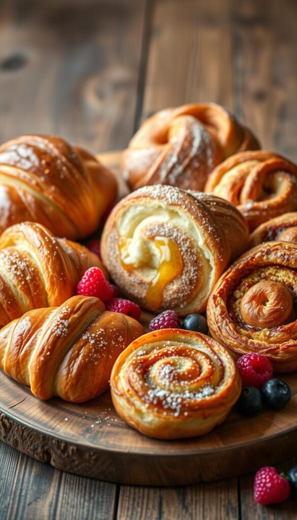 Delightful assortment of creative breakfast breads, artfully arranged on a rustic wooden table. Fresh-baked croissants, fluffy brioche, and golden-brown French toast swirls, complemented by vibrant berries and a drizzle of honey. Warm, soft lighting casts a cozy glow, inviting the viewer to imagine the aroma and texture of these homemade delights. The composition emphasizes the variety and craftsmanship of these breakfast staples, capturing the essence of a comforting and indulgent morning repast.