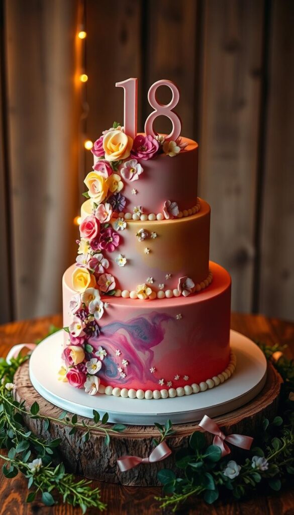 Elegant and whimsical 18th birthday cake with a vibrant, multicolored fondant exterior. Cascading floral decorations and delicate sugar flowers adorn the tiers, creating a visually striking and thoughtfully crafted centerpiece. Warm, soft lighting illuminates the cake, giving it a dreamy, ethereal quality. The cake is situated on a rustic wooden table, surrounded by lush greenery and delicate ribbon accents, evoking a sense of natural beauty and celebration. The overall composition exudes a joyful, festive atmosphere, perfectly capturing the spirit of an 18th birthday party.
