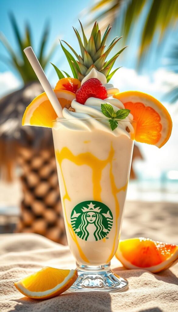Generate an image of a Dole Whip Frappuccino with a tropical twist.