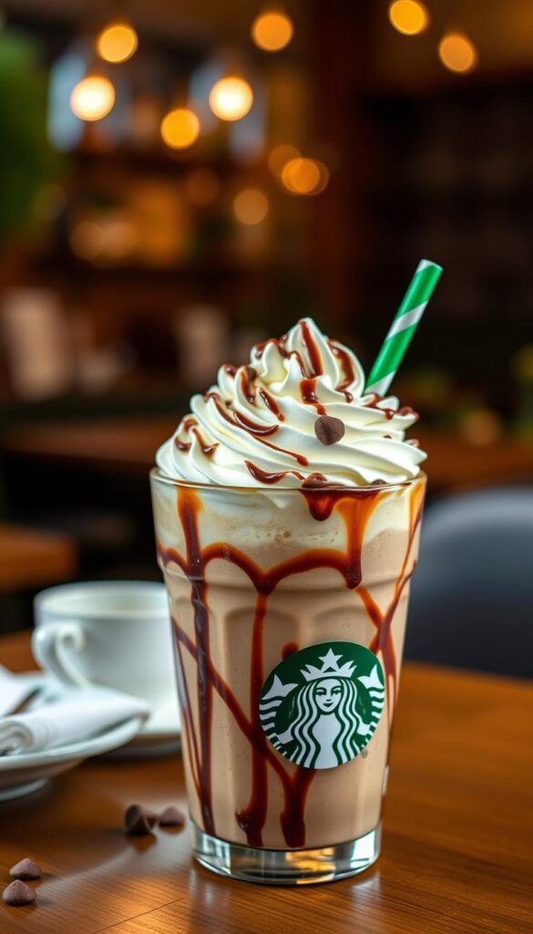 Generate an image of a Starbucks Nutella Frappuccino with mocha drizzle and whipped cream.