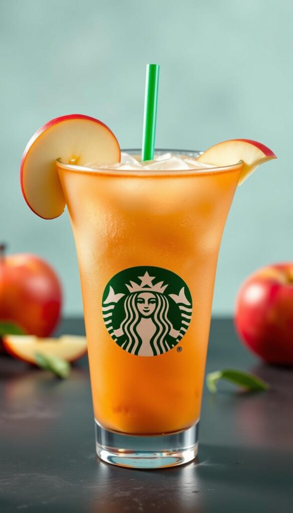 Generate an image of a Starbucks Refresher that resembles an apple martini, with a crisp and refreshing appearance.
