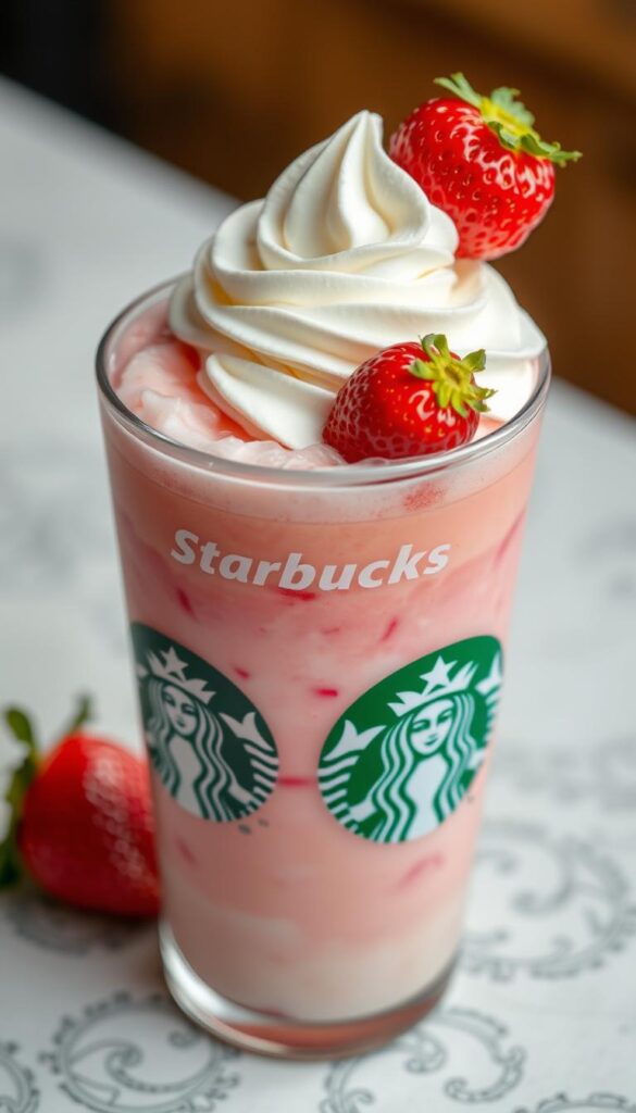 Generate an image of a Starbucks Refresher with a strawberry and cream flavor profile, topped with whipped cream.