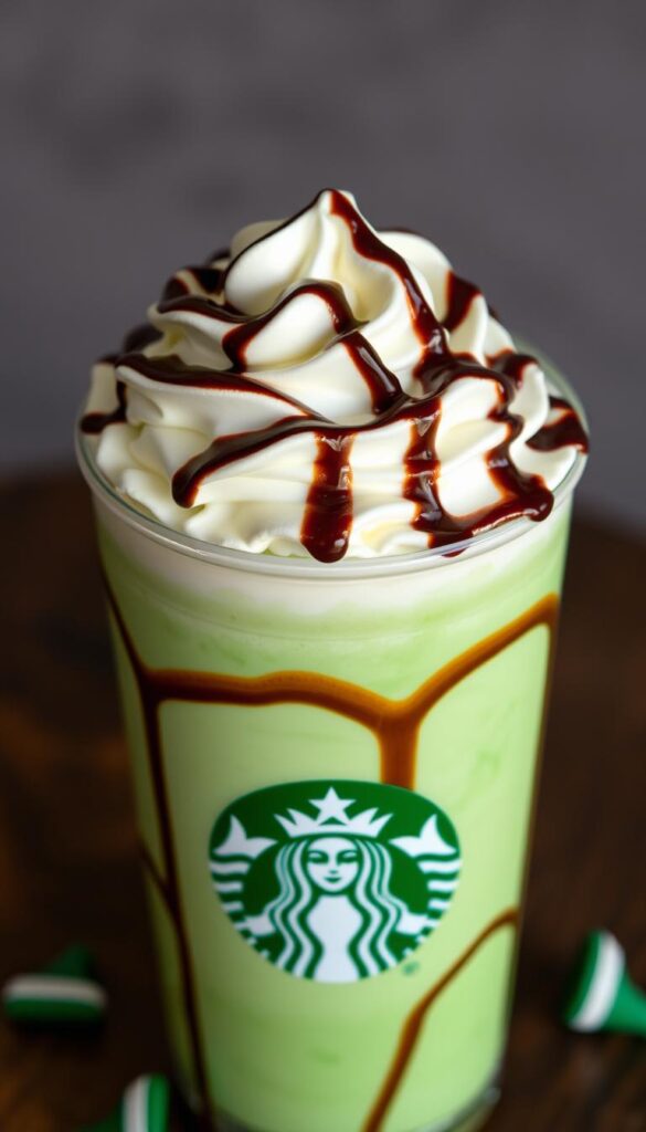 Generate an image of a Starbucks Thin Mint Frappuccino with chocolate drizzle and whipped cream.