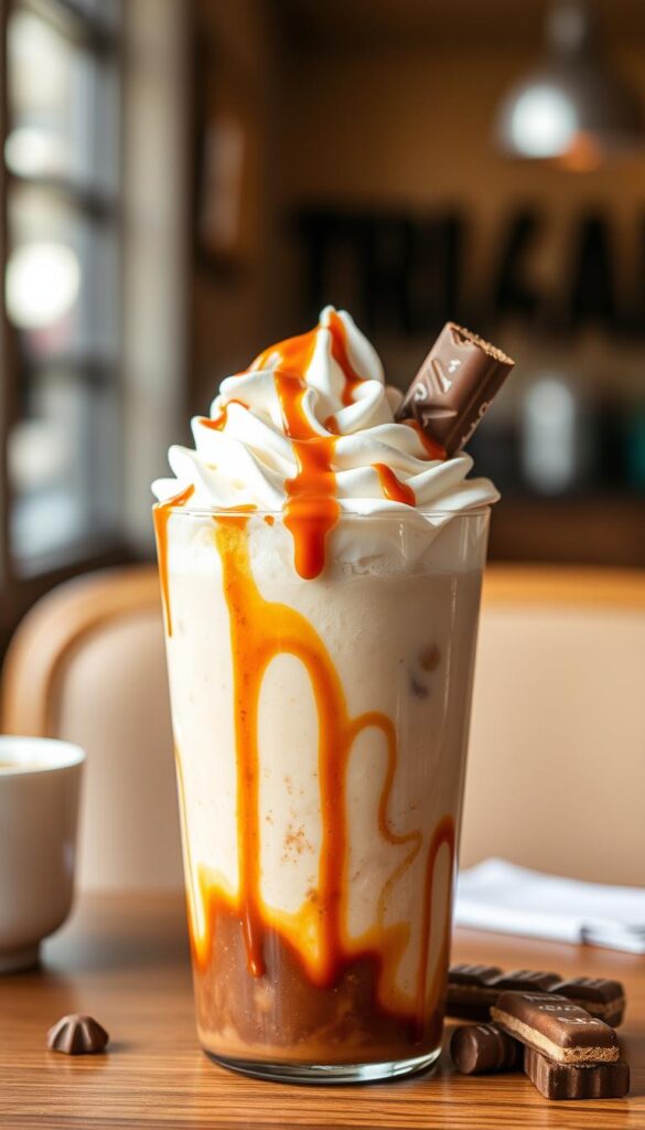 Generate an image of a Twix Frappuccino with caramel drizzle and whipped cream.