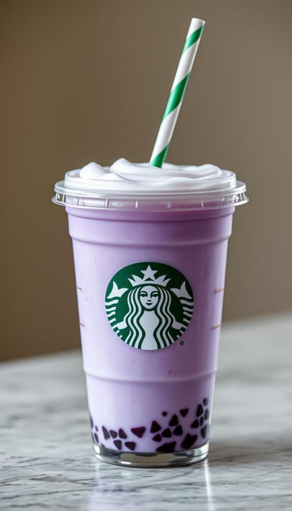 Generate an image of a beautiful lavender-colored Starbucks drink with a hint of creamy texture.