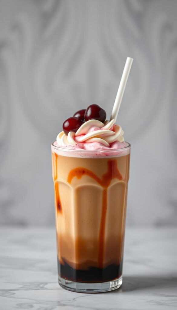 Generate an image of a cold brew coffee drink topped with cherry cream cold foam and a drizzle of vanilla sweet cream.