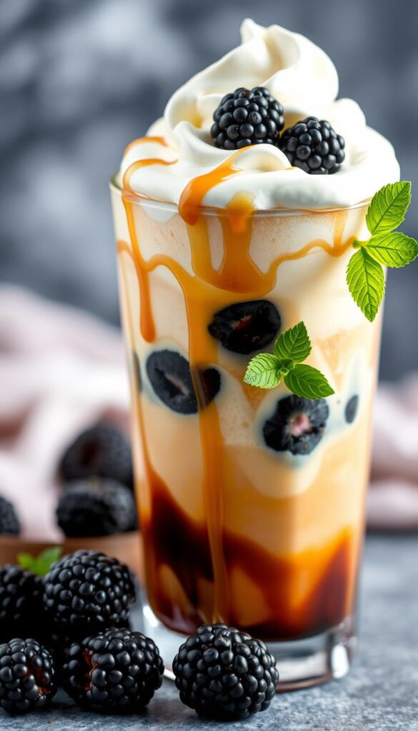 Generate an image of a layered iced coffee drink with blackberries, caramel drizzle, and vanilla sweet cream foam.