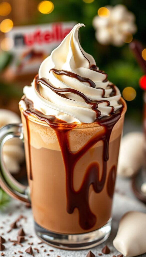 Generate an image of a rich Nutella Hot Chocolate with whipped cream and chocolate drizzle.
