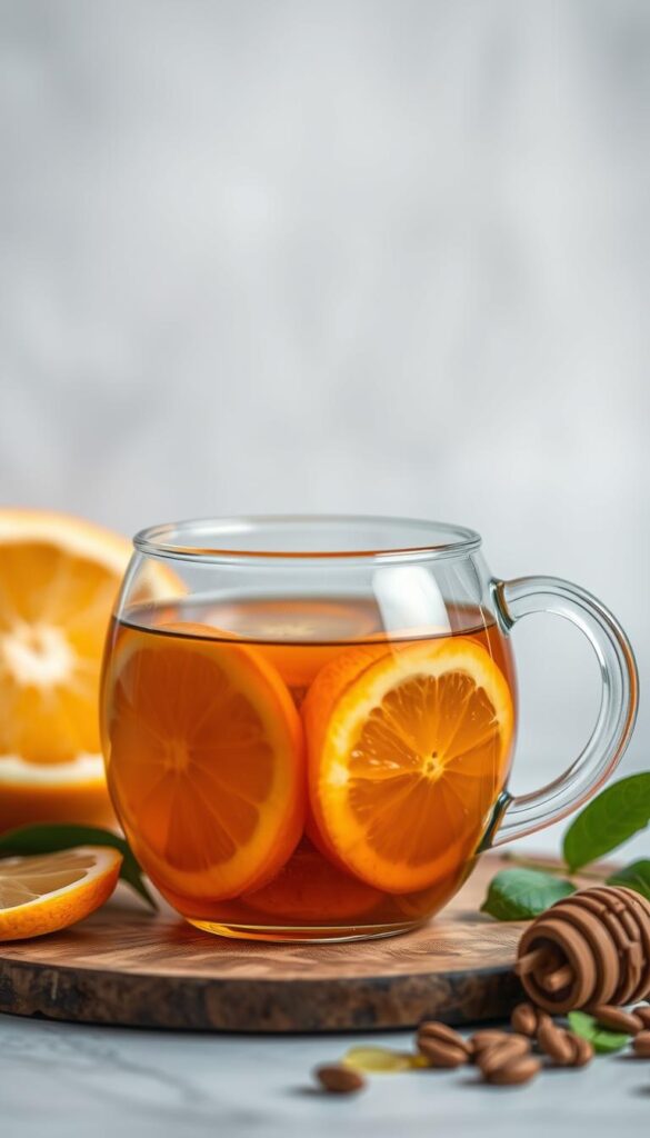 Generate an image of a soothing Medicine Ball tea with honey and citrus.