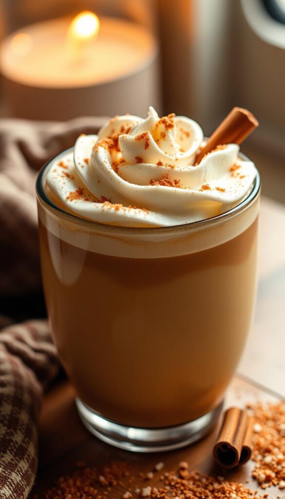 Generate an image of a warm and comforting latte with whipped cream, ground cinnamon, and raw sugar crystals.