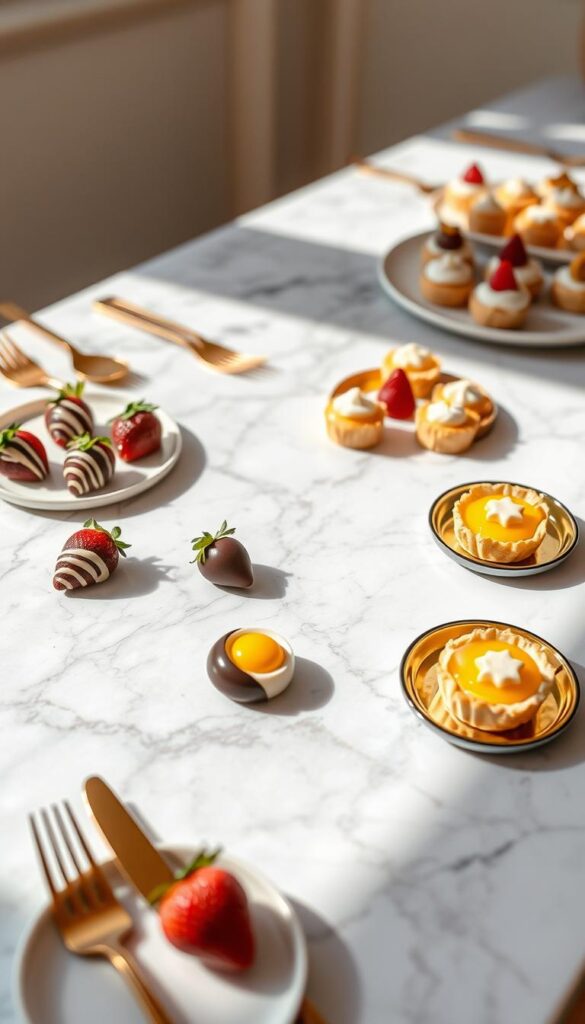 Miniature desserts artfully arranged on a marble countertop. A variety of bite-sized treats including chocolate-dipped strawberries, petite lemon tarts, and tiny cheesecake bites. Elegant gold cutlery and plates provide a sophisticated contrast. Soft natural lighting illuminates the delectable morsels, casting gentle shadows. The scene exudes an inviting, indulgent atmosphere, perfect for serving a crowd at a special event. Crisp, high-resolution details showcase the intricate textures and vibrant colors of the delectable mini desserts.