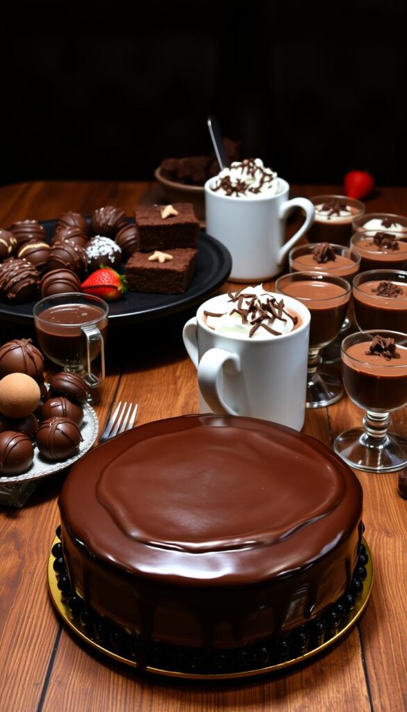 Mouth-watering chocolate desserts for a crowd, artfully arranged on a rustic wooden table. In the foreground, a decadent chocolate cake with a rich, glistening ganache topping, surrounded by assorted truffles, chocolate-dipped strawberries, and creamy chocolate mousse in individual serving glasses. The middle ground features a platter of fudgy brownies and a steaming mug of hot chocolate, garnished with whipped cream and shaved chocolate. The background sets the scene with a cozy, dimly lit atmosphere, soft lighting casting a warm glow over the delectable treats. The overall mood is one of indulgence and celebration, inviting the viewer to savor the irresistible chocolate delights.