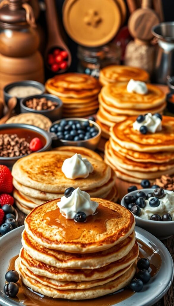 Pancake variations: A stack of fluffy, golden pancakes in the foreground, with an array of toppings and fillings beside them - fresh berries, chocolate chips, maple syrup, and whipped cream. In the middle ground, a variety of pancake shapes and sizes, including silver dollar, blueberry, and savory scallion pancakes. The background features an artful arrangement of pancake toppings, spices, and cooking utensils, all bathed in warm, soft lighting from an overhead source, creating a cozy, inviting atmosphere.