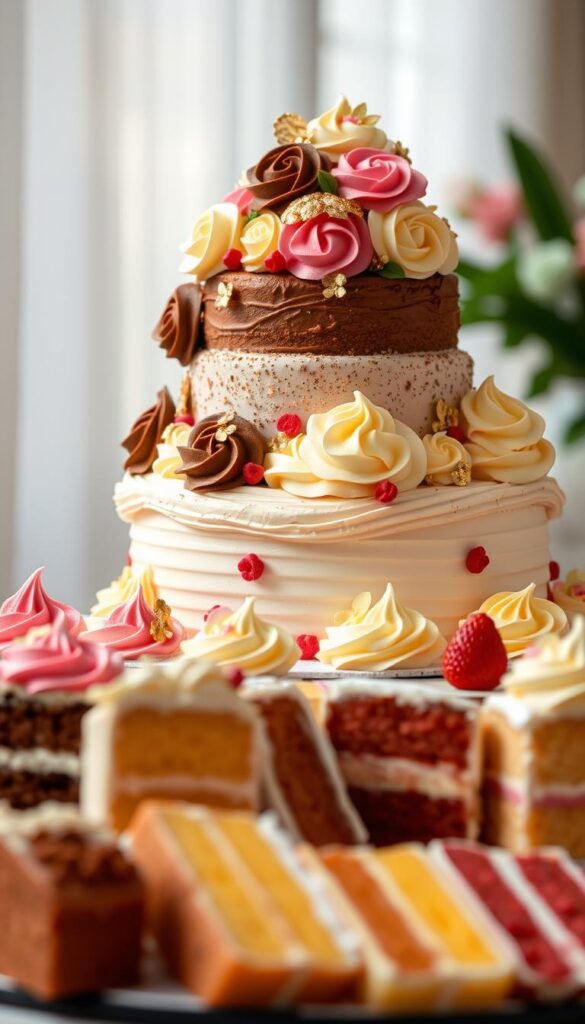 Personalized birthday cake flavors, a luscious display of individuality. In the foreground, a tiered cake adorned with vibrant, hand-piped frosting swirls in a variety of flavors - chocolate, vanilla, strawberry, and lemon. Delicate edible flowers and shimmering gold leaf accentuate the cake's elegant design. The middle ground features an assortment of cake slices, each with a distinct cross-section revealing the unique flavor profiles within. In the background, a soft, diffused lighting creates a warm, celebratory ambiance, highlighting the cake's intricate textures and rich colors. The overall composition conveys a sense of customization, attention to detail, and the joy of personalized indulgence.