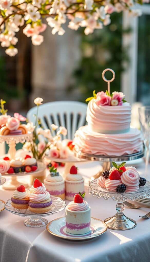 Springtime gourmet desserts in a sunlit, pastel-colored celebration setting. An array of delicate macarons, creamy panna cottas, and elegant chiffon cakes adorned with fresh flowers and berries. A tiered cake stand takes center stage, its layers frosted in pale shades of pink, lavender, and mint. Ambient lighting gently illuminates the scene, casting a warm, inviting glow. Decorative ruffled linens, dainty china, and sparkling glassware complete the sophisticated, yet whimsical tableau. A sense of joyful indulgence and the promise of sweet, fleeting pleasures permeate the atmosphere.
