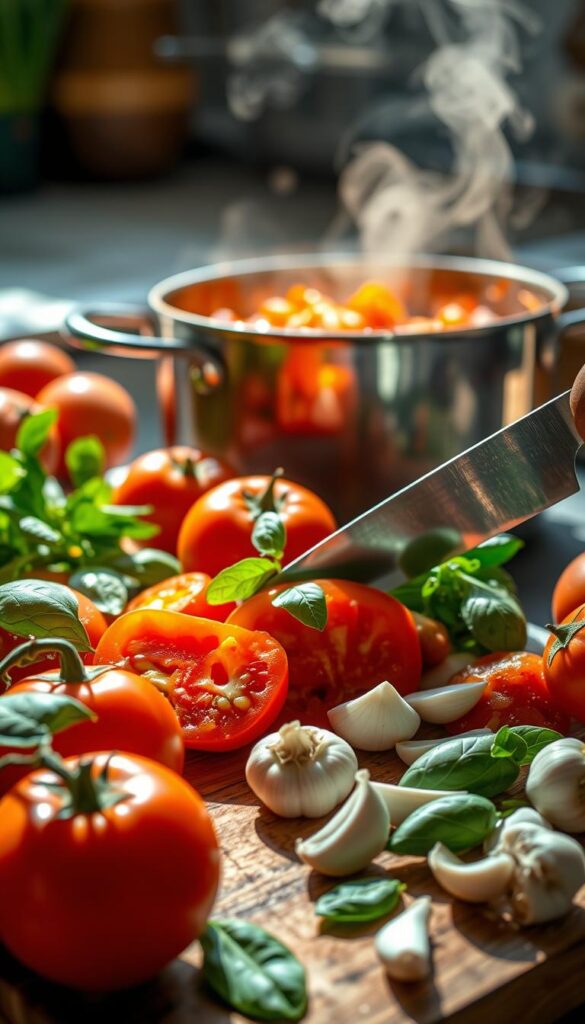Summertime pasta sauce creations, brimming with vibrant colors and fresh flavors. In the foreground, a selection of ripe tomatoes, juicy basil leaves, and aromatic garlic cloves. The middle ground features a rustic wooden cutting board, where a chef's knife deftly slices through the ingredients, releasing their fragrant essence. In the background, a sun-dappled kitchen counter holds a simmering pot of homemade sauce, the steam rising and mingling with the scent of sautéed onions and simmering herbs. Soft, natural lighting casts a warm glow, capturing the essence of a seasonally inspired culinary masterpiece. The overall atmosphere is one of relaxed, summertime abundance, inviting the viewer to imagine the delicious possibilities of this vibrant pasta sauce creation.