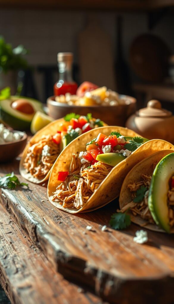 Sumptuous chicken tacos, arranged on a rustic wooden surface, bathed in warm, natural light. In the foreground, tender shredded chicken nestled in crisp taco shells, garnished with vibrant pico de gallo, creamy avocado slices, and a sprinkle of fresh cilantro. The middle ground showcases a variety of taco accompaniments, such as lime wedges, hot sauce, and crumbled queso fresco. The background gently fades, hinting at a cozy, inviting kitchen setting, with hints of earthy textures and muted tones. The overall composition exudes a sense of freshness, comfort, and the irresistible flavors of a healthy, delightful summer dinner.