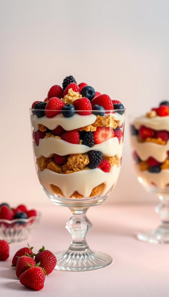 Trifle layered with luscious vanilla custard, fresh berries, and crumbled cake, illuminated by warm, diffused lighting. Ornate crystal glassware captures the elegant, sophisticated presentation. The scene evokes a sense of refined indulgence, perfect for an elaborate dessert spread. Captured from a slightly elevated angle to showcase the intricate, multi-tiered construction. Minimal, clean background allows the trifle to be the undisputed star of the scene.