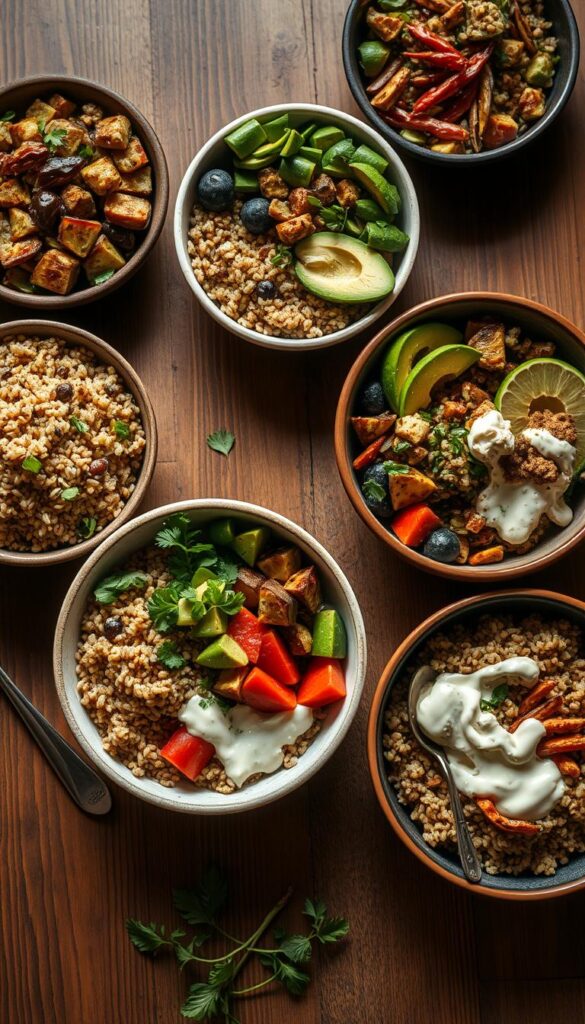 Vibrant, appetizing bowl meal ideas captured in a warm, inviting scene. A wooden table is adorned with various bowls filled with hearty grains, fresh produce, and flavorful toppings. Quinoa, farro, and brown rice serve as the base, accompanied by roasted vegetables, avocado, and a drizzle of creamy dressing. Soft lighting illuminates the scene, showcasing the vibrant colors and textures of the ingredients. The composition is balanced, drawing the eye to the array of healthy, delectable options. This scene evokes a sense of nourishment and culinary inspiration, perfectly capturing the essence of a nutritious and satisfying bowl meal.