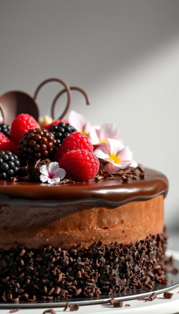 a close-up shot of a sumptuous chocolate cake with various decorative elements on top, including shiny chocolate ganache or glaze, fresh berries like raspberries or blackberries, edible flowers, and elegant chocolate curls or shavings, all bathed in soft, indirect studio lighting that casts subtle shadows, creating a visually appealing and appetizing scene that reflects the latest trends in chocolate cake decoration