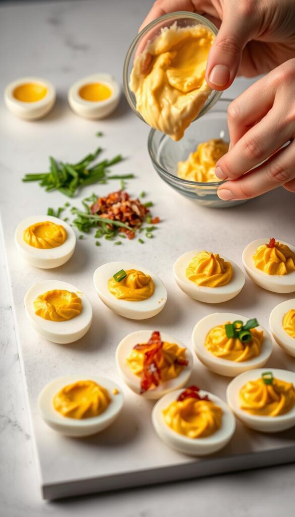 assembling deviled eggs