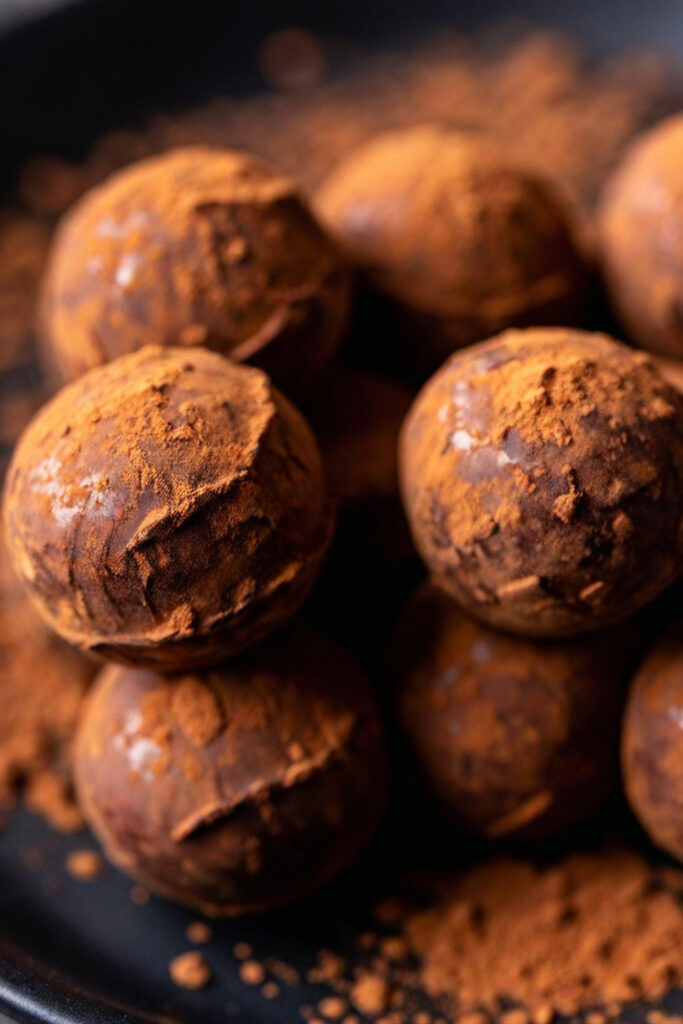 close-up of chocolate truffles with cracked cocoa powder 
