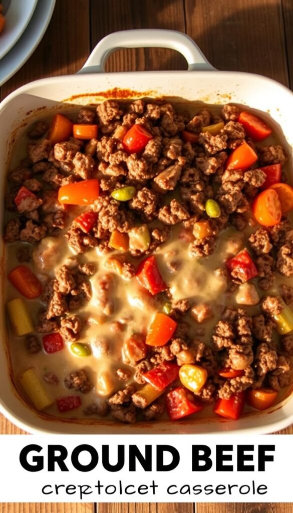 A beautifully arranged casserole dish filled with a hearty mixture of ground beef, sautéed vegetables, and a creamy, savory sauce. The dish is illuminated by warm, natural lighting, casting a cozy glow across the scene. The casserole is framed by a rustic, wooden table setting, with a simple, yet elegant presentation. The colors are vibrant, with the beef and vegetables creating a visually appealing contrast against the creamy sauce. The atmosphere is one of comfort and homemade goodness, inviting the viewer to imagine the delicious flavors and aromas of this creative ground beef casserole.