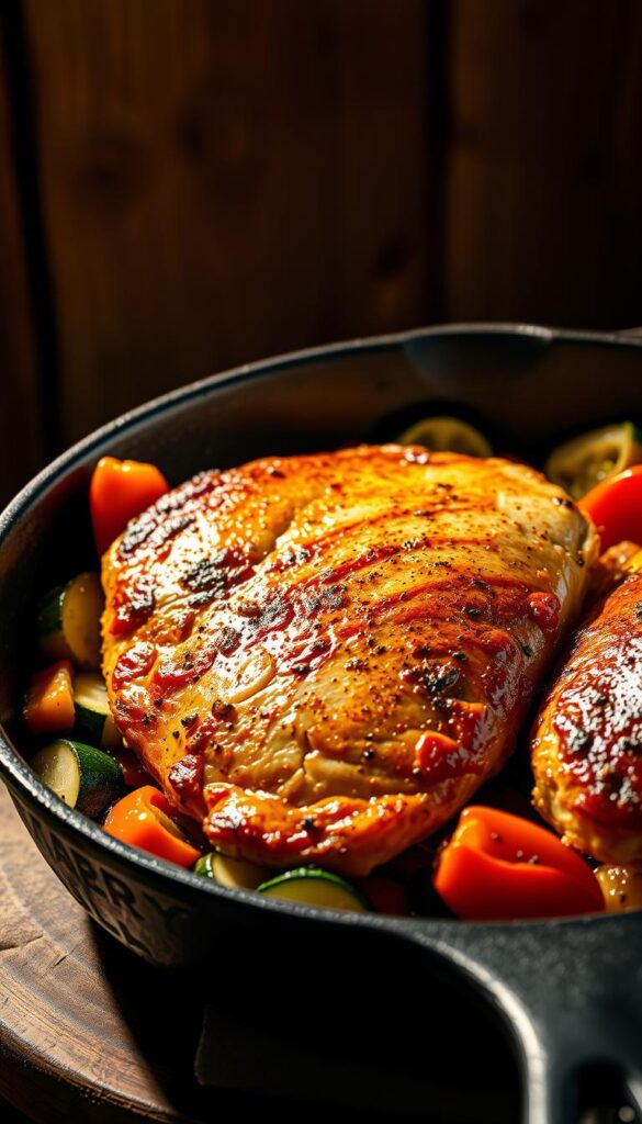 A beautifully lit close-up shot of a delicious chicken breast dish, nestled in a cast-iron skillet against a rustic wooden backdrop. The chicken is perfectly seared, glistening with a golden-brown crust, surrounded by a medley of sautéed vegetables - vibrant bell peppers, tender zucchini, and aromatic onions. The lighting casts warm, soft shadows, creating a cozy, inviting atmosphere. The skillet is positioned at a slight angle, drawing the viewer's eye to the succulent, juicy chicken breast and the flavorful accompaniments. This image perfectly captures the essence of a hearty, satisfying chicken breast skillet meal.