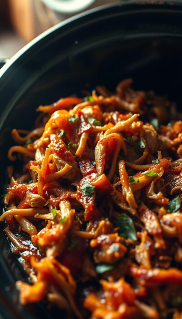 A beautifully lit, close-up shot of a hearty pulled chicken dish in a rustic crock pot. The tender, shredded chicken glistens with a vibrant, flavorful sauce, accented by aromatic spices and fresh herbs. The foreground showcases the rich, caramelized texture of the meat, while the middle ground reveals layers of colorful vegetables and seasonings. The background features a warm, cozy kitchen setting, with hints of wood grain and natural light filtering in. The overall atmosphere evokes a sense of global culinary exploration, inspiring the viewer to savor the diverse flavors of this comforting, slow-cooked creation.