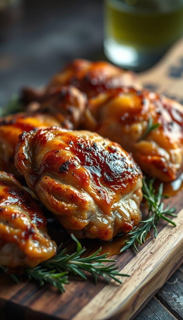 A beautifully lit, close-up shot of crispy, golden-brown bone-in chicken thighs, freshly roasted and drizzled with glistening pan juices. The thighs are nestled on a rustic wooden cutting board, surrounded by fresh herbs like rosemary and thyme. Subtle highlights from a soft, directional light source accentuate the tender meat and crispy skin. The image conveys a mouthwatering, homestyle vibe, inviting the viewer to imagine the savory aromas and juicy flavors of perfectly cooked bone-in chicken thighs.